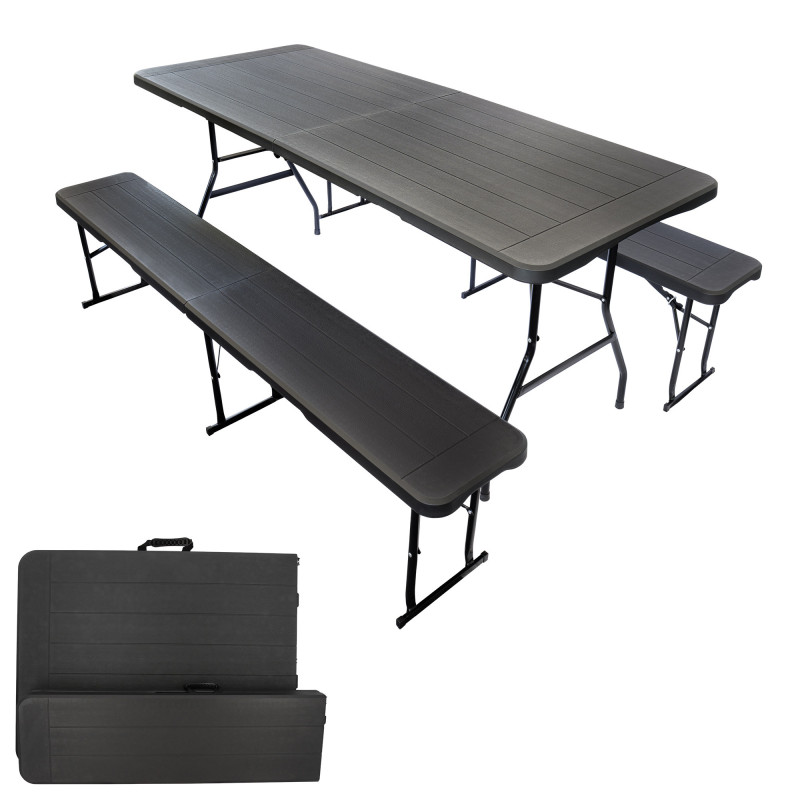 Ensemble table et bancs noirs effet bois
